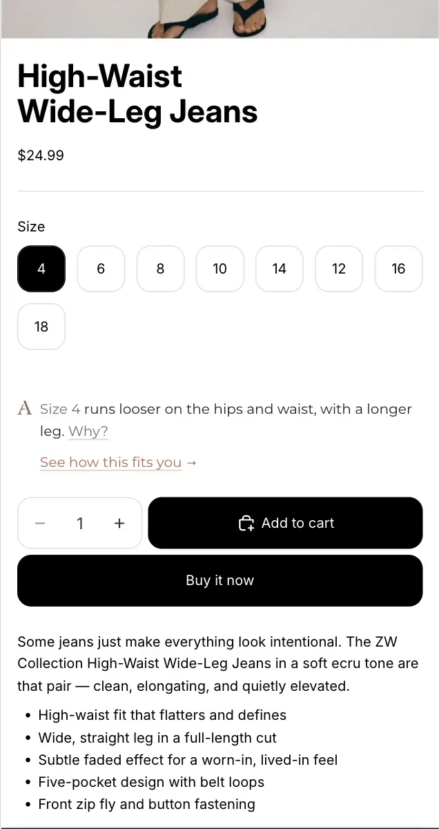 Product page with an Alterdd note that size 4 runs looser on the hips and waist